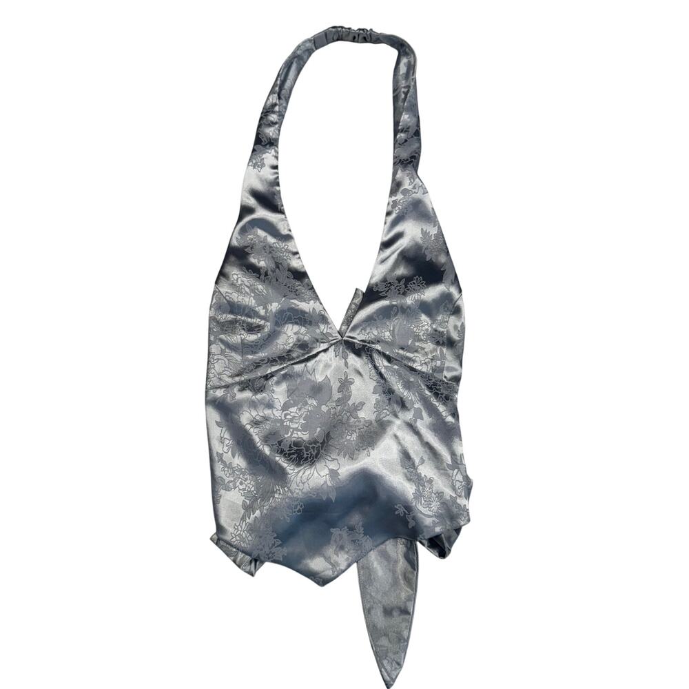 Windsor Satin Jacquard Halter Top Gray Silver Women's Large Tie Y2K Party Baddie - Picture 3 of 16